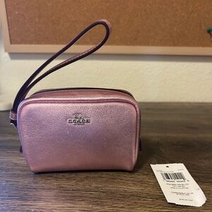 Coach Mini Pink Metallic Leather Case Pouch Wristlet Bag